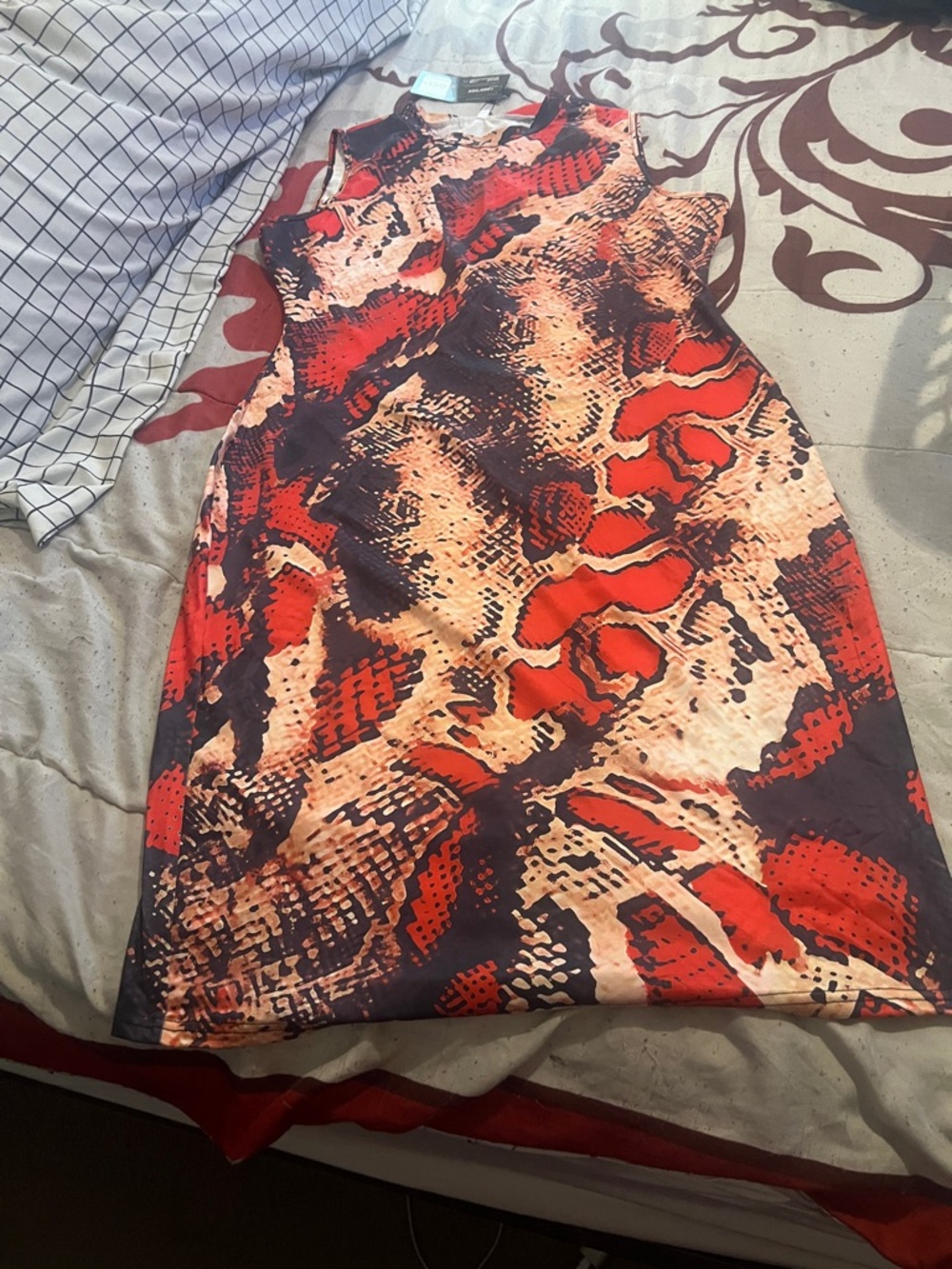 Sleeveless Midi Dress in Red & Tan Animal Print